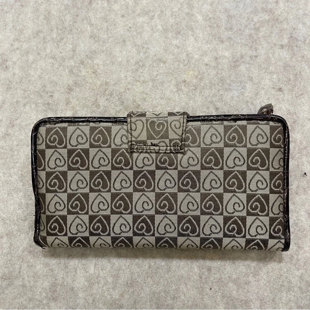 Y2K 2000’s Long Checkbook Zip Snap Wallet Brown Checker Heart Print Faux Croc